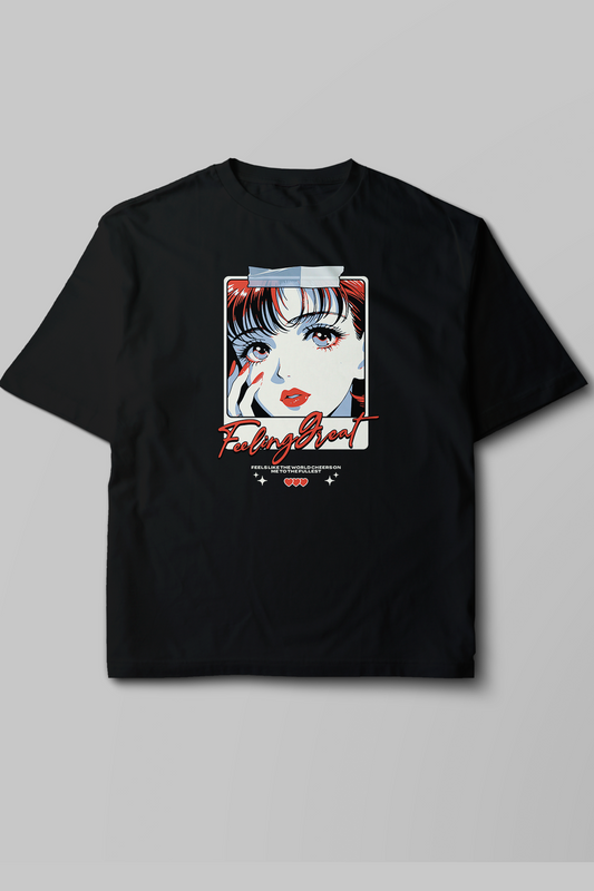 Unisex Oversize Feeling Great Baskılı Tshirt