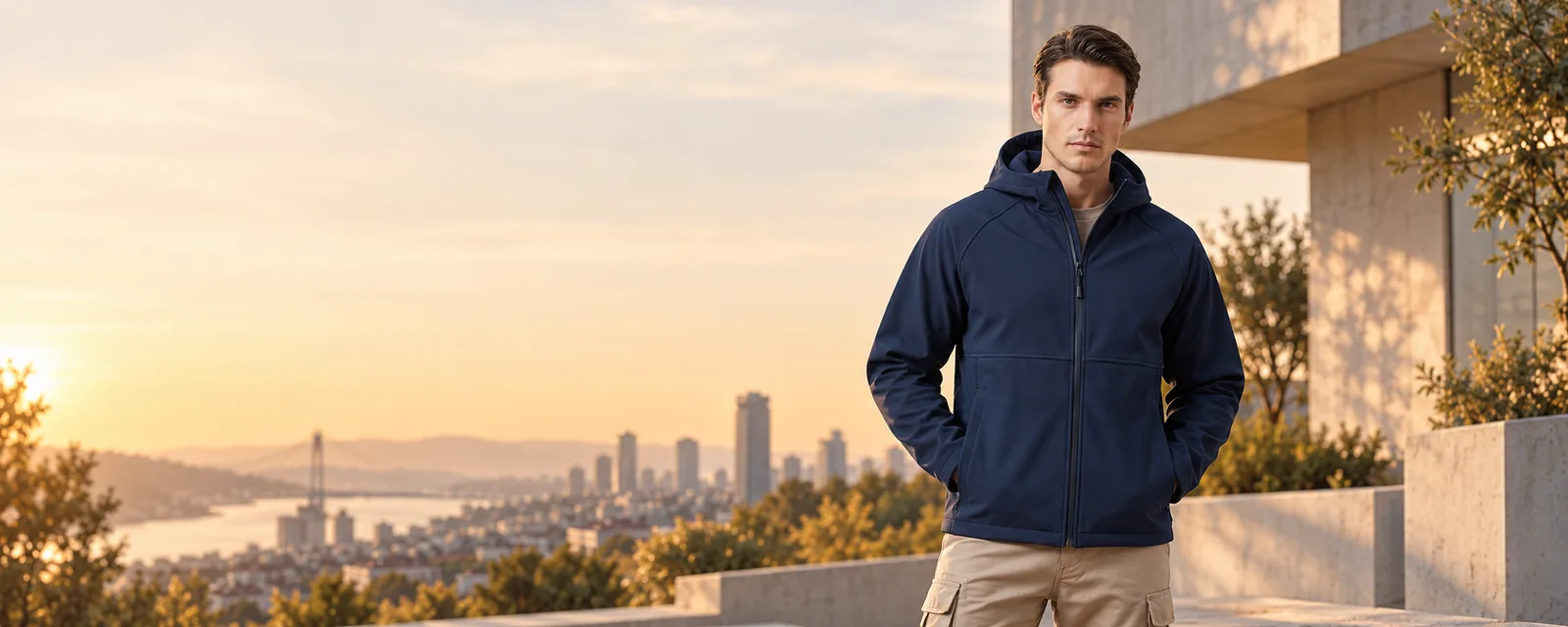 Lacivert Erkek Taktikal Softshell Mont, model üzerinde şehir manzaralı açık hava ortamında.